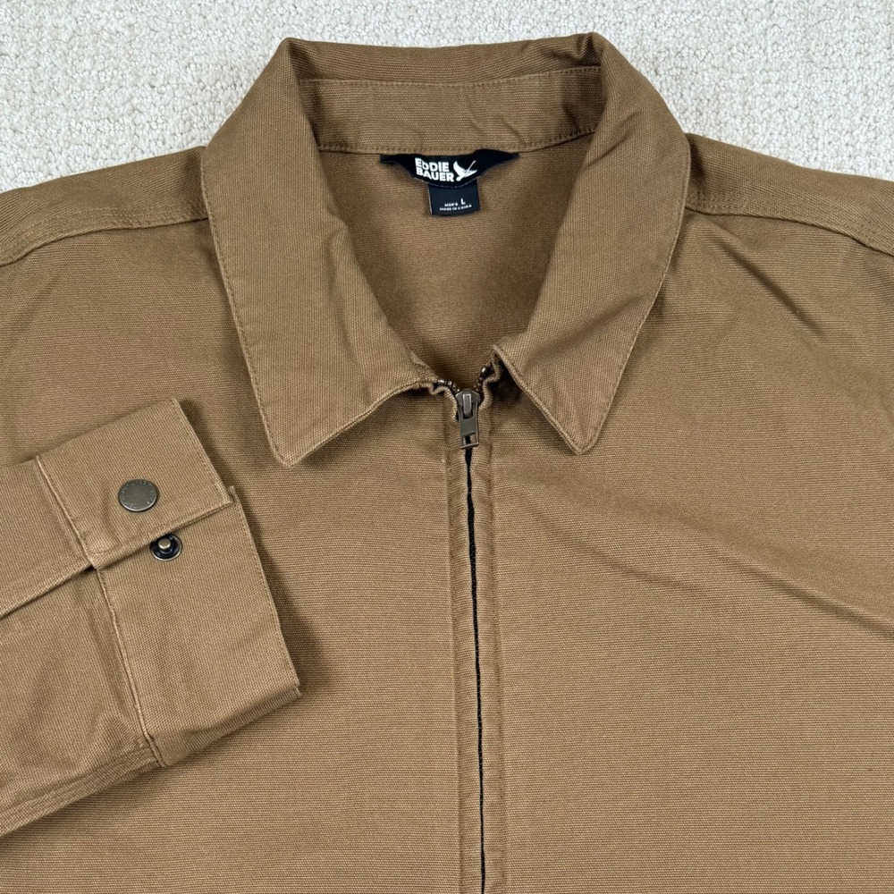 Eddie Bauer Mens Large Brown Canvas Full Zip Utility Harrington Work Jacket
